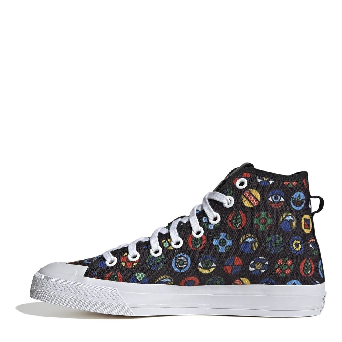 Side view of black hi-top sneakers with colorful face-and-icon print, white laces, cupsole.