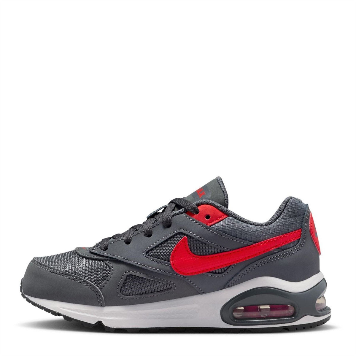 Grey boys' Nike trainers with red swoosh and clear air sole, lace-up style