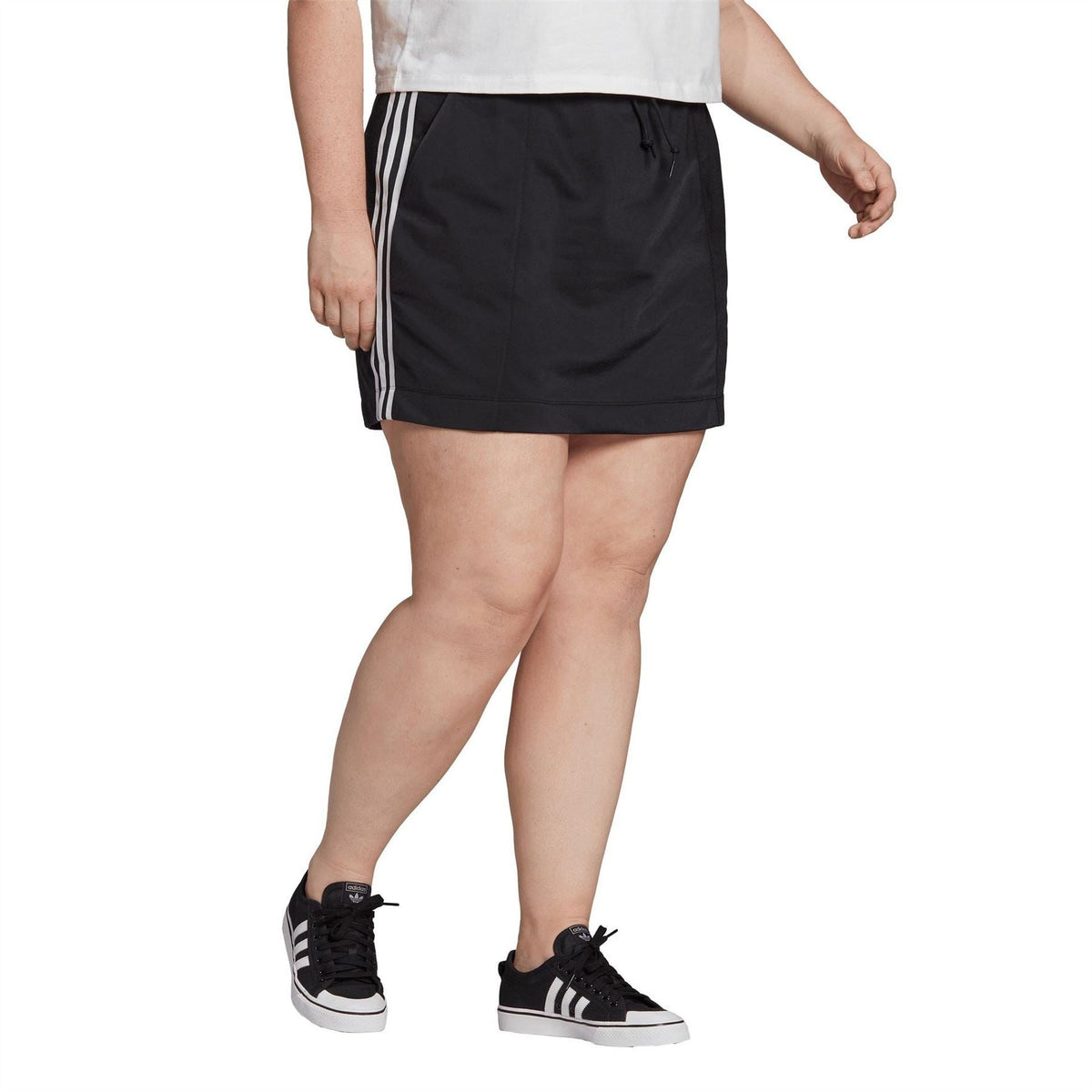 Black midi skirt with gathered elastic waist and white triple side stripes