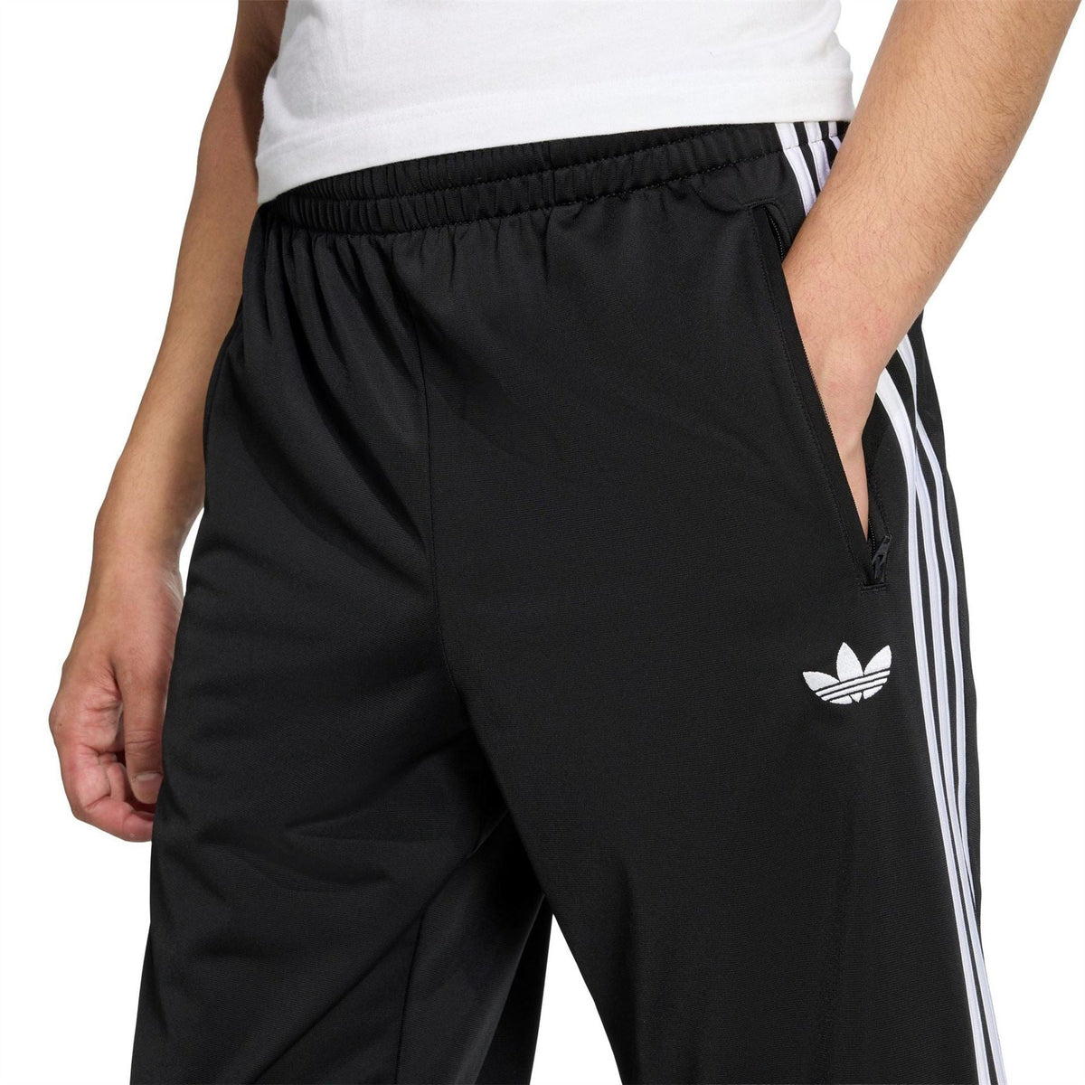 adidas men's black track joggers with elastic waistband and white side stripes, trefoil logo