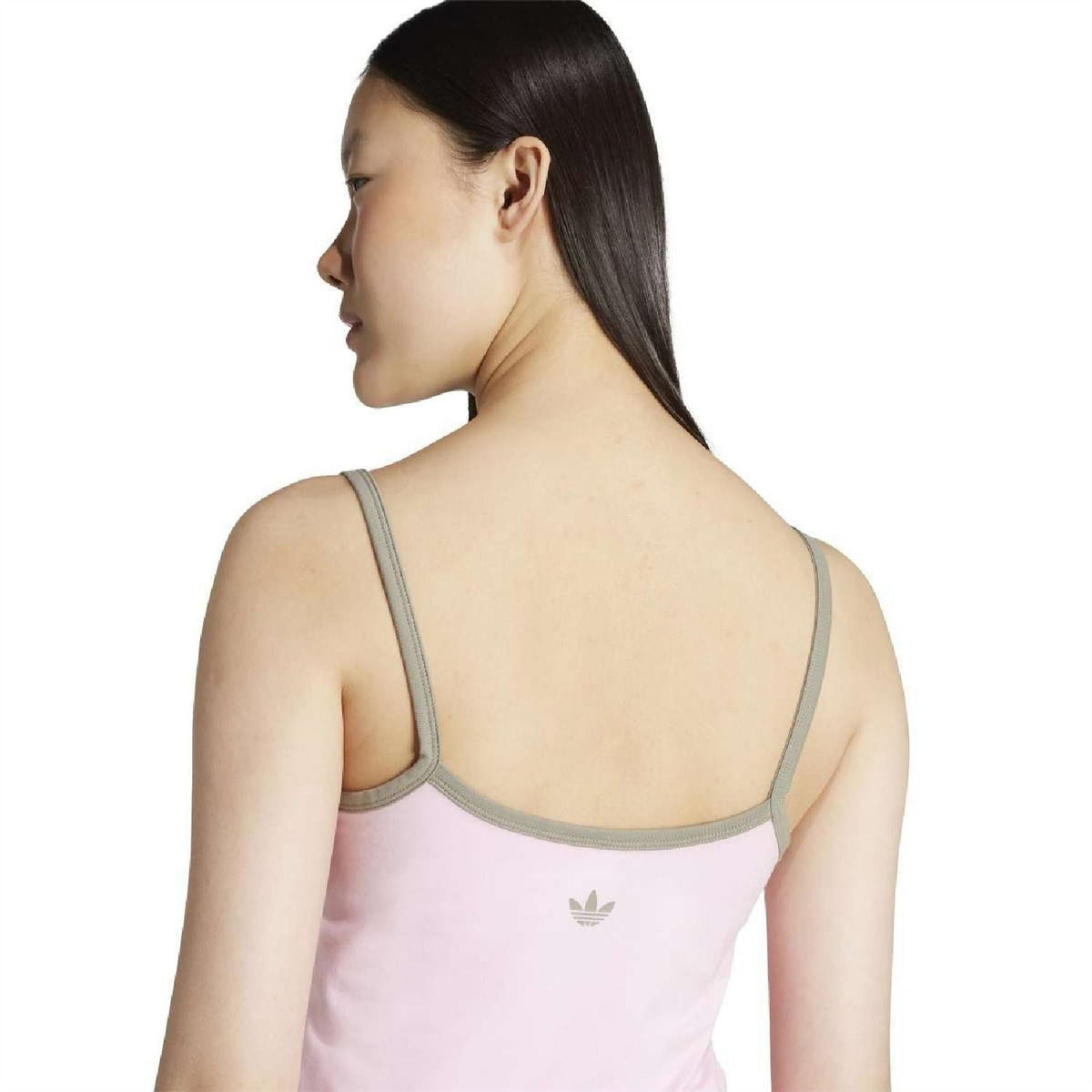 Back view of pink Adidas tank top with scoop back, thin straps, small trefoil logo