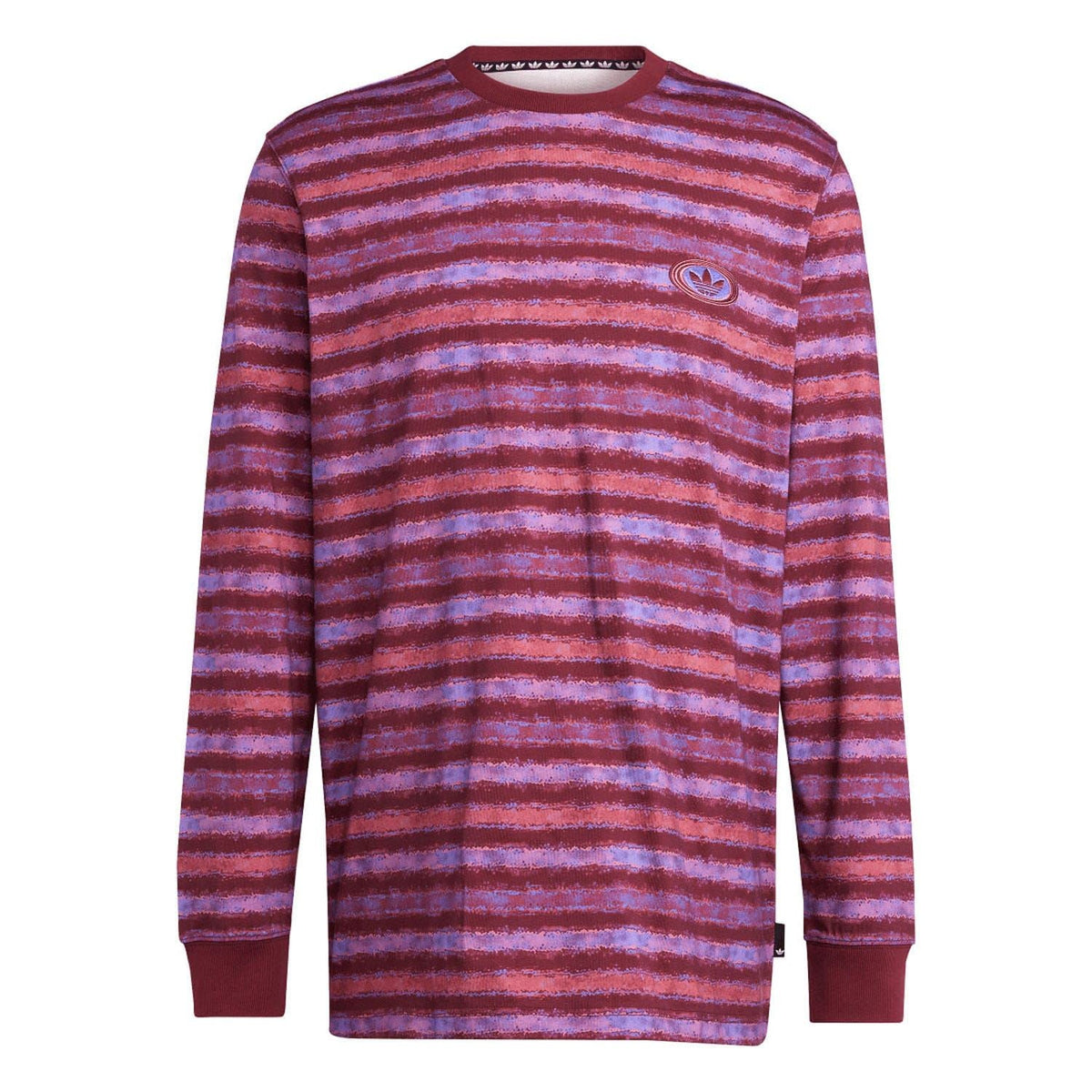 adidas Originals men's long sleeve striped t-shirt, crew neck, maroon with small logo