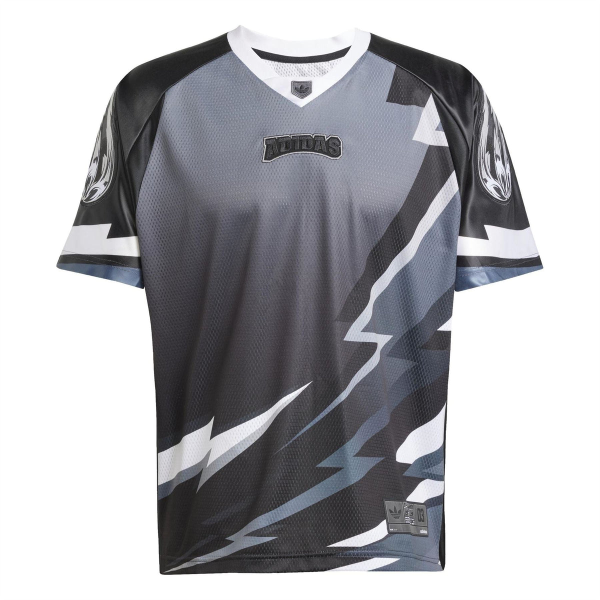 Black and gray team jersey with white lightning graphics and V-neck trim