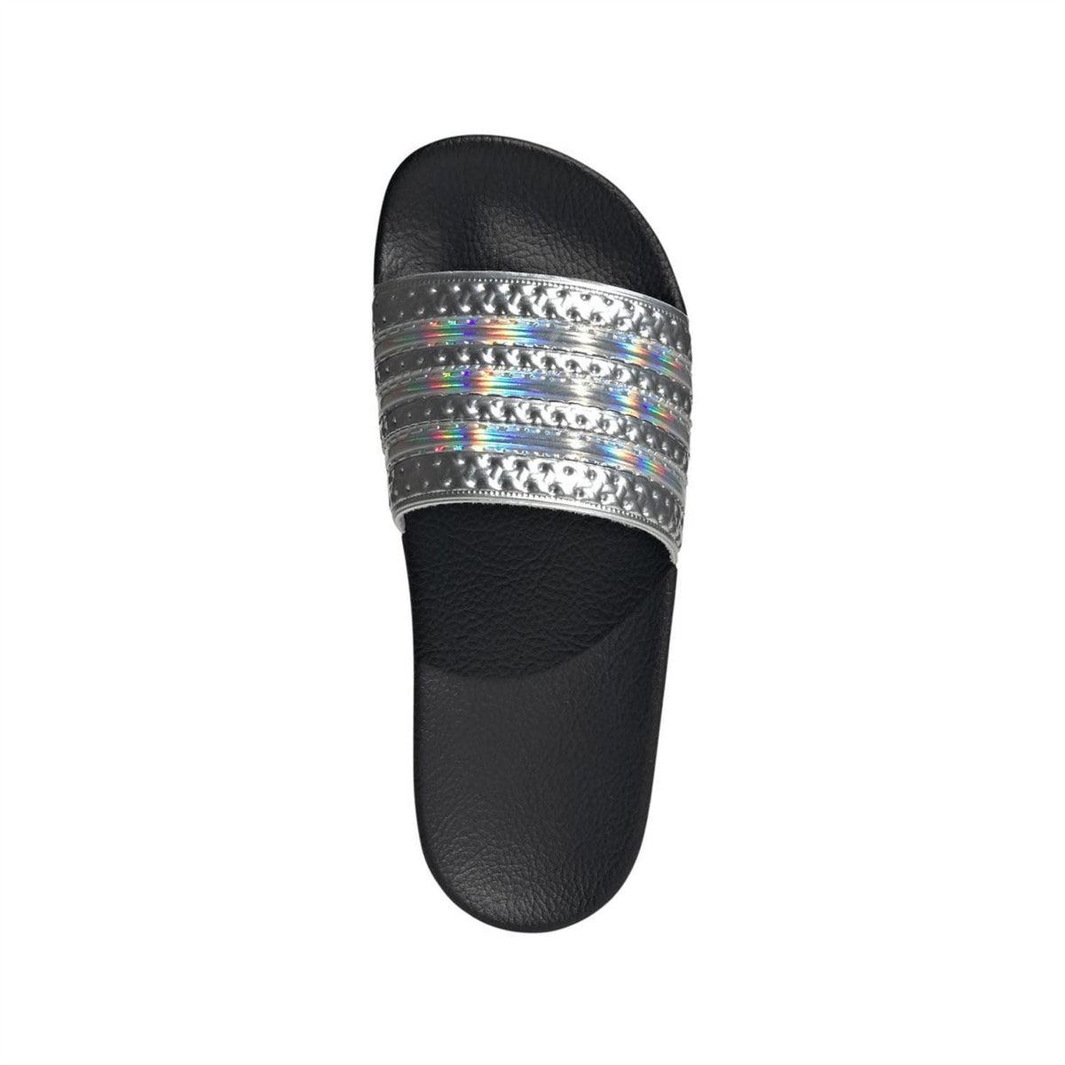 Junior black slide sandals with silver iridescent striped strap
