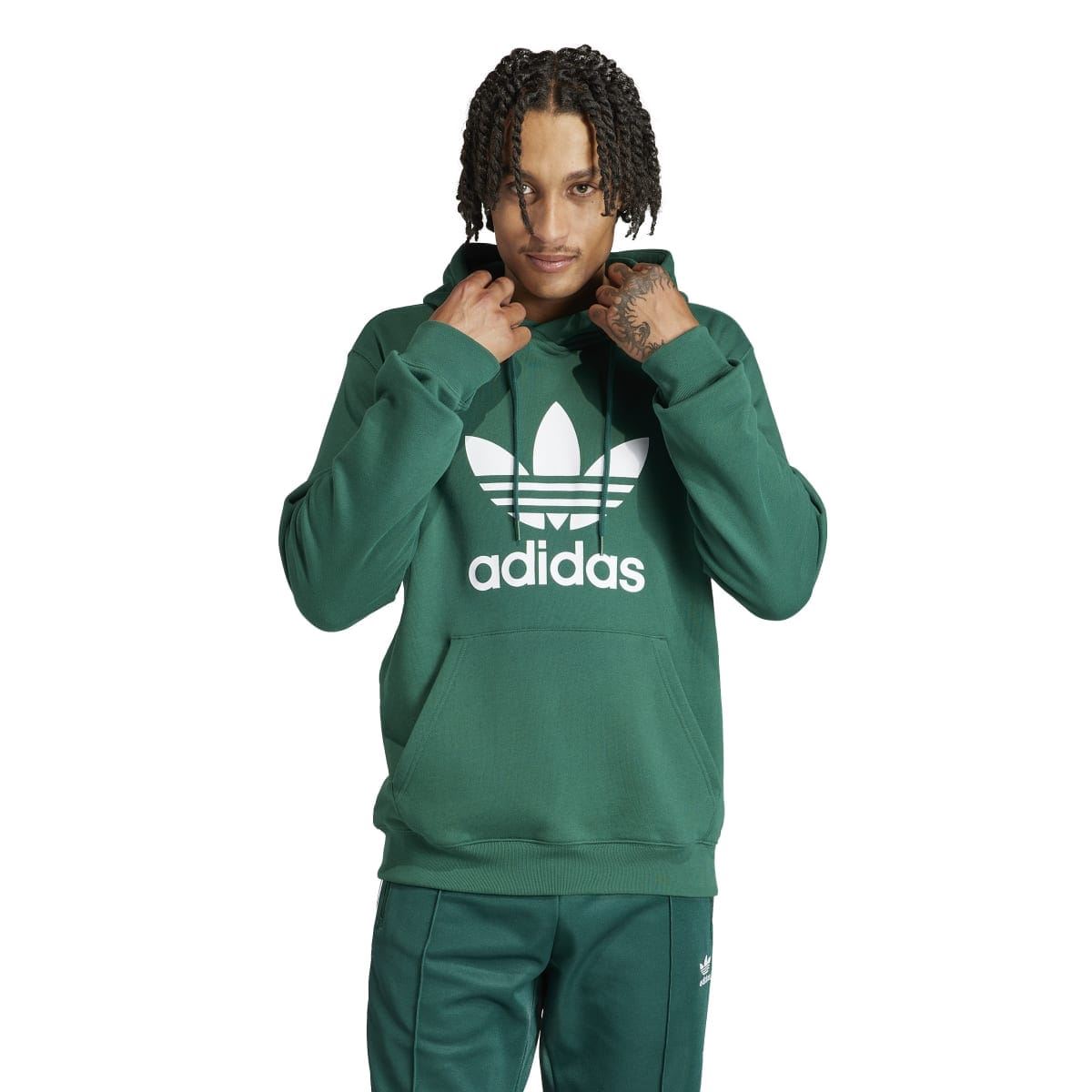 Green hoodie with drawstring hood and large trefoil adidas logo on the front