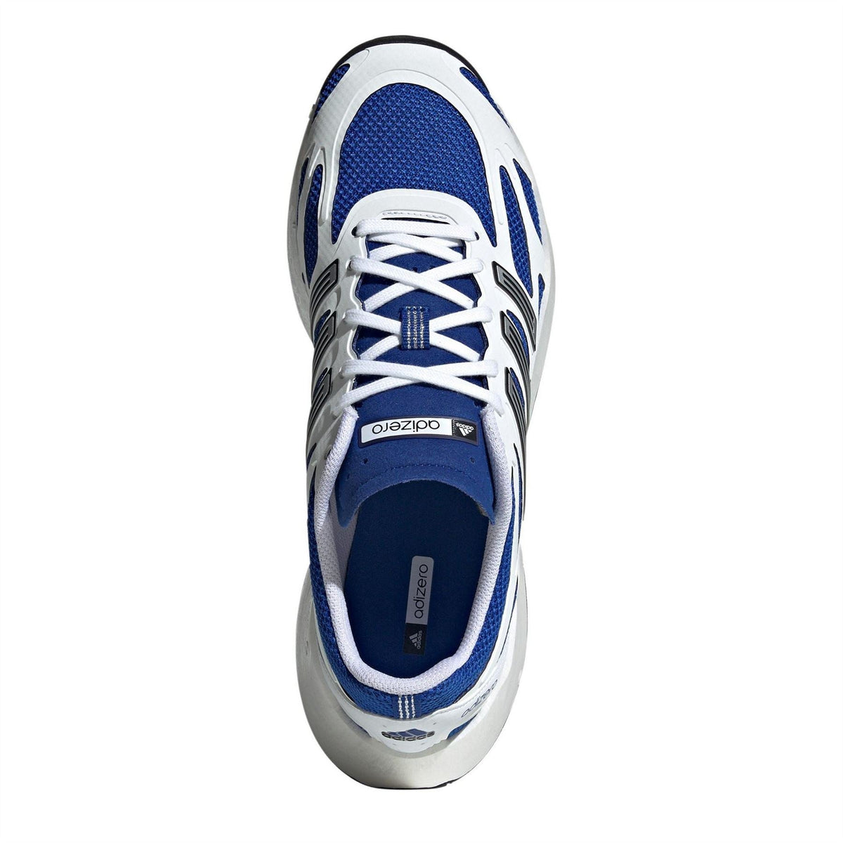 Blue, white, and light-gray running shoe with lace-up top and rear heel panel