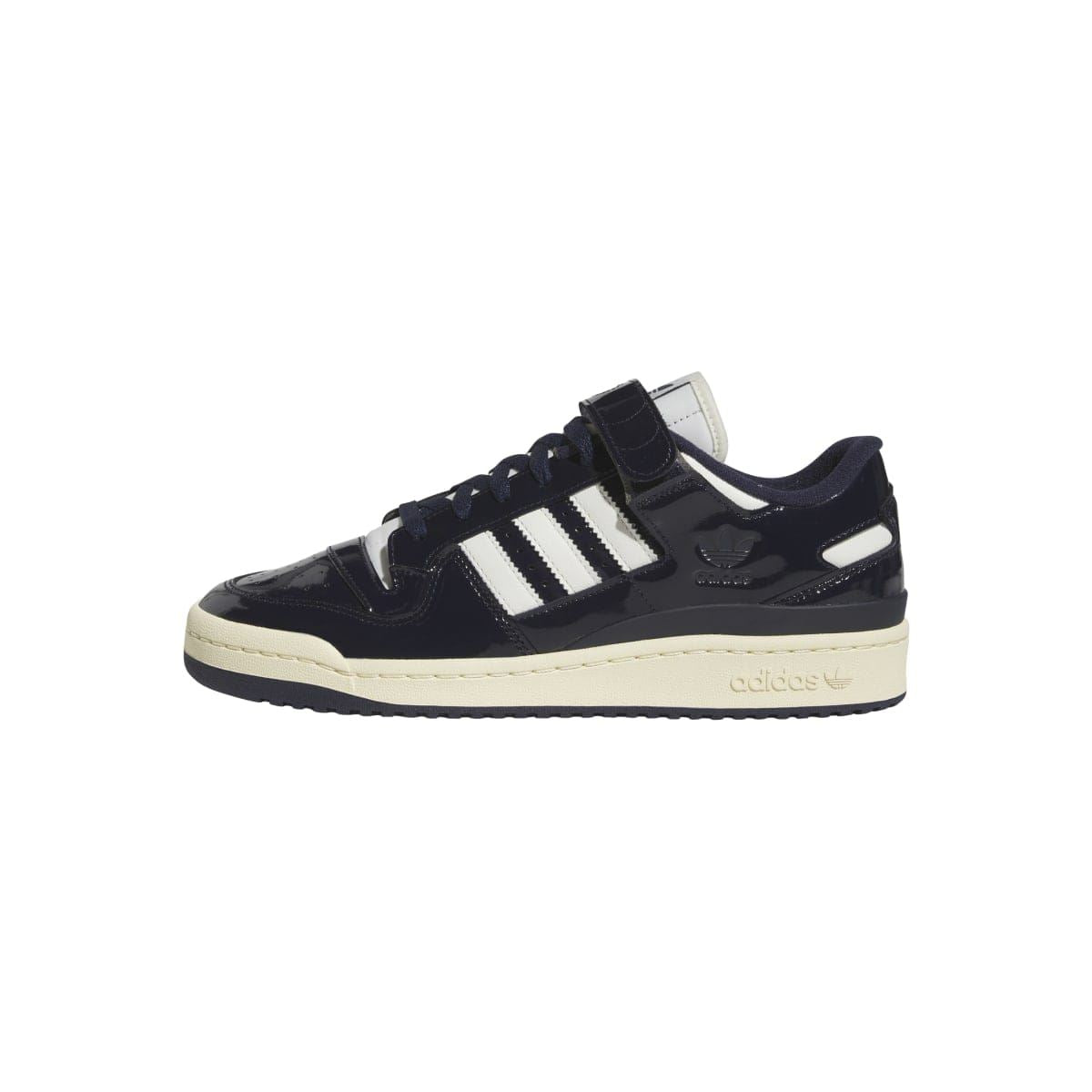 Black low-top trainers with white three stripes, lace-up, cushioned sole