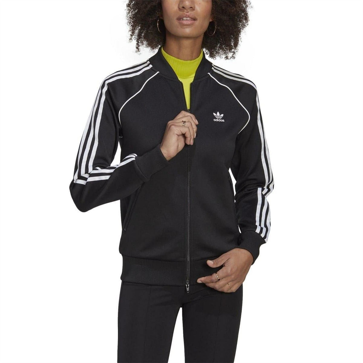 Black track top with white stripes, adidas logo, and high zip collar