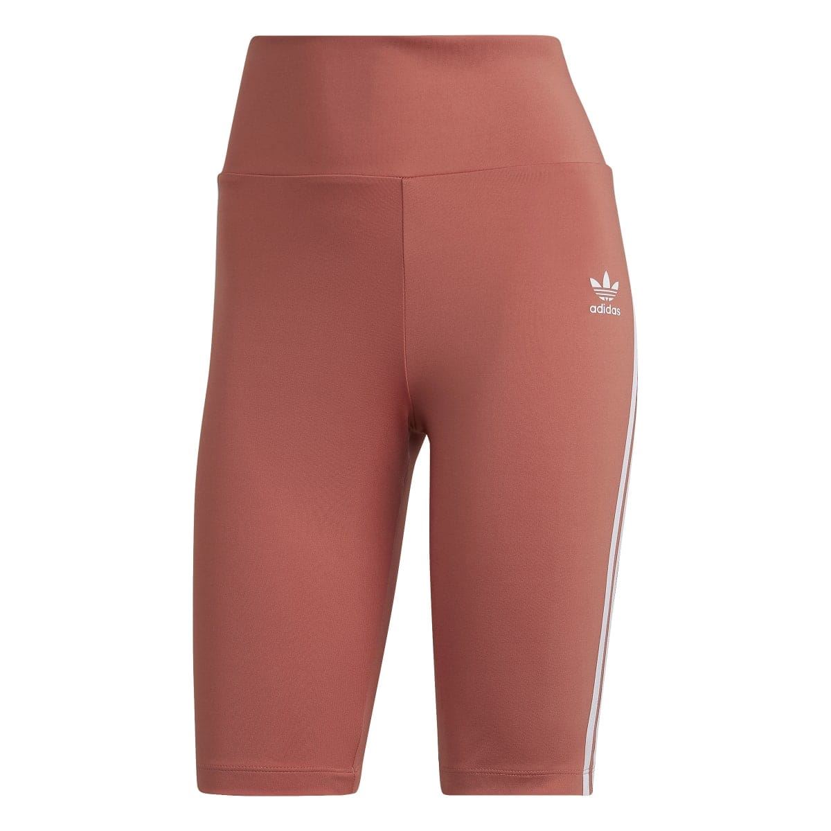 Women's high-waisted adidas track shorts, reddish-brown with side stripe at leg