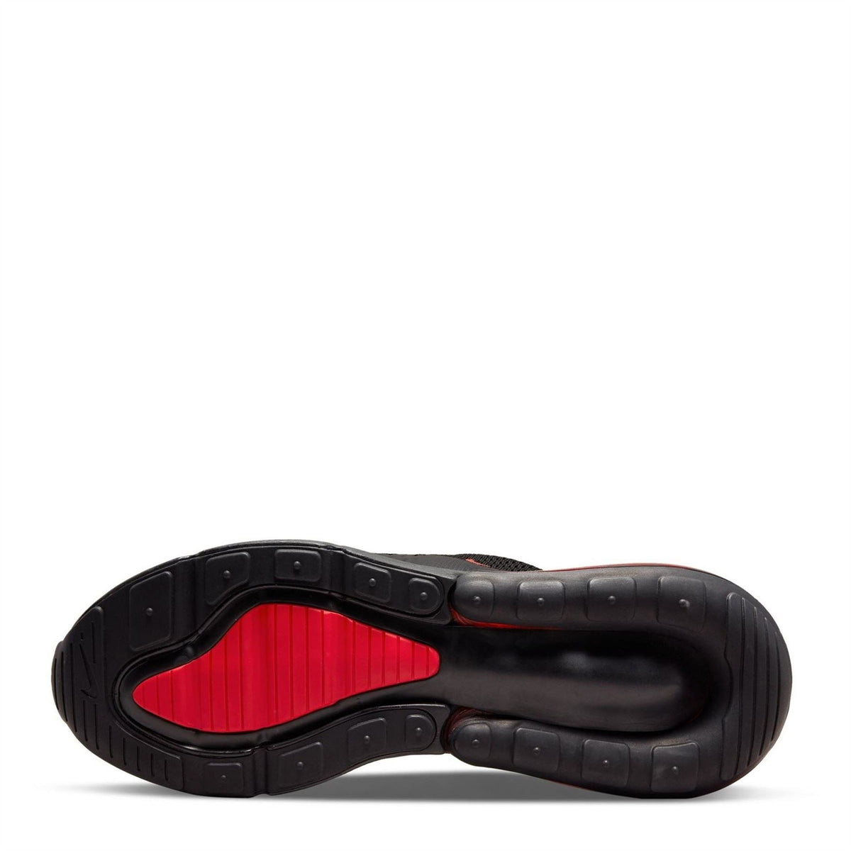 Nike Air Max 270 men's trainers outsole view with black traction and red air unit
