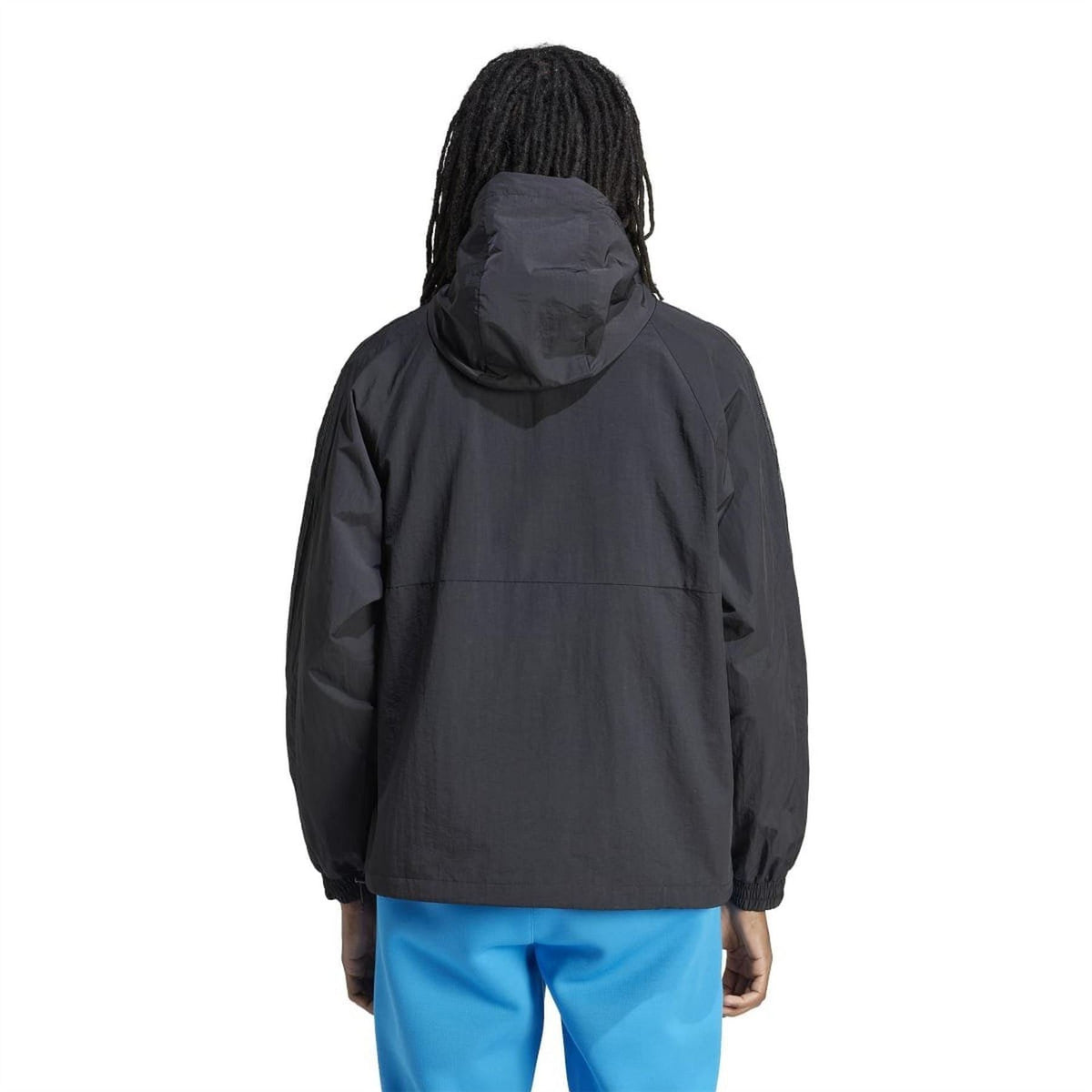 Black adidas hooded jacket, back view with elastic cuffs and hem
