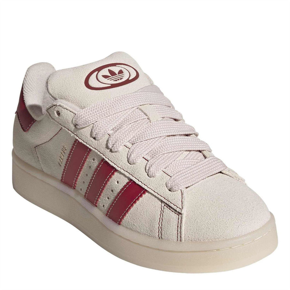 Light beige Adidas Originals sneaker with red stripes, lace-up design, and trefoil patch