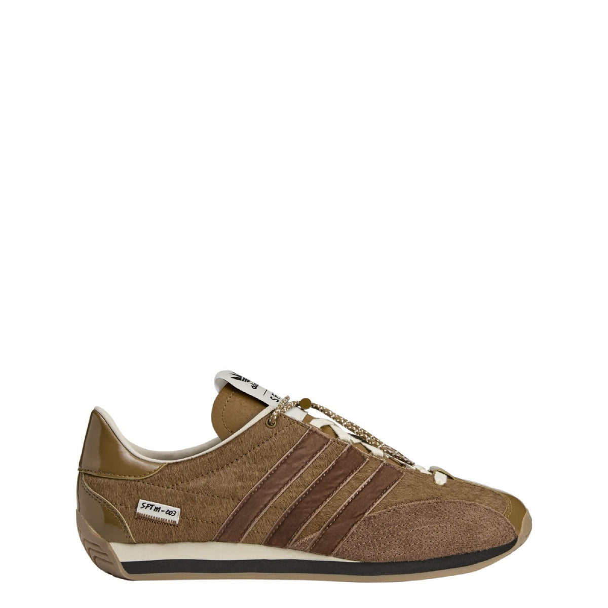 adidas Originals bronze laced low-top sneaker with suede upper and striped panels