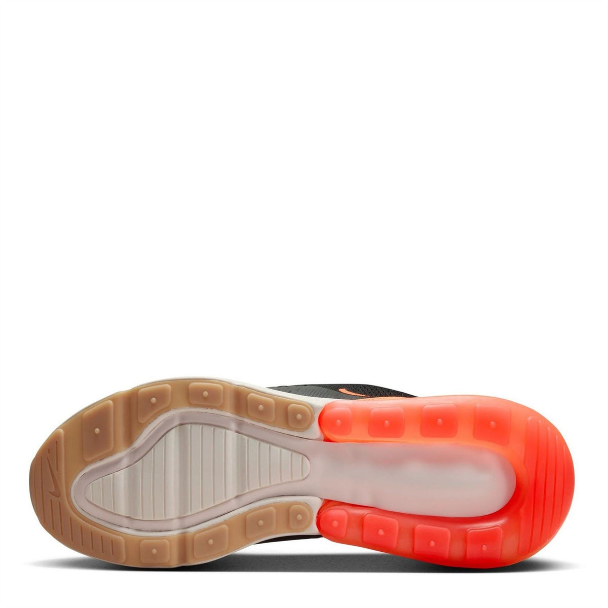 Nike Air Max 270 outsole view with red-tinted air cushioning and rubber tread