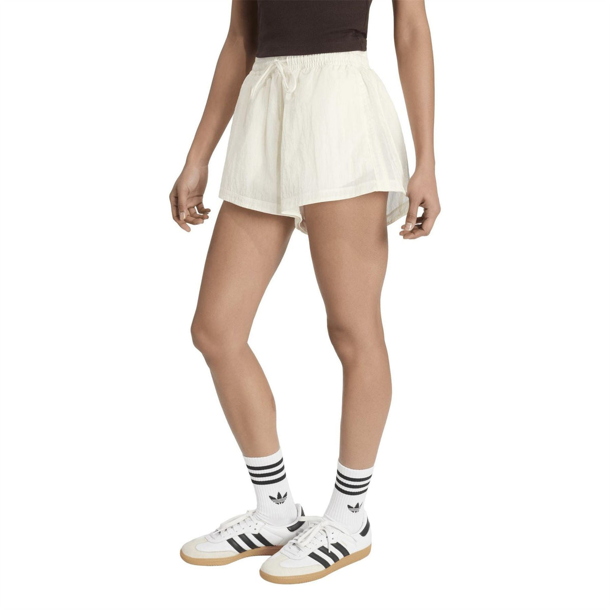 White woven track shorts with elastic waist and adjustable drawcord