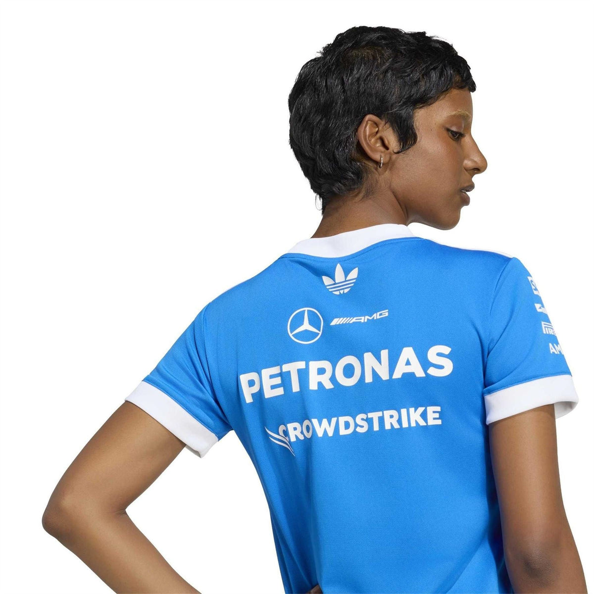 Blue crew-neck short-sleeve jersey with white collar trim and Mercedes logo