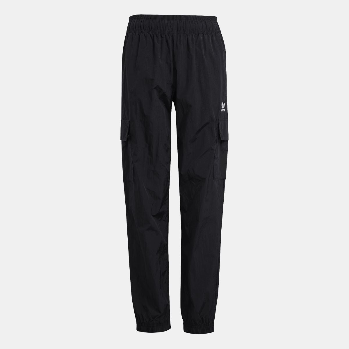 Black junior cargo track trousers with elastic waist and cargo pocket detail on the leg