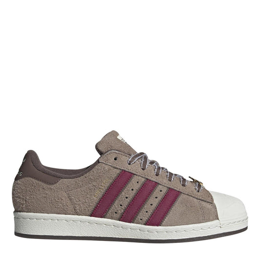 adidas Originals shell-toe sneakers in taupe suede with maroon stripes and white sole