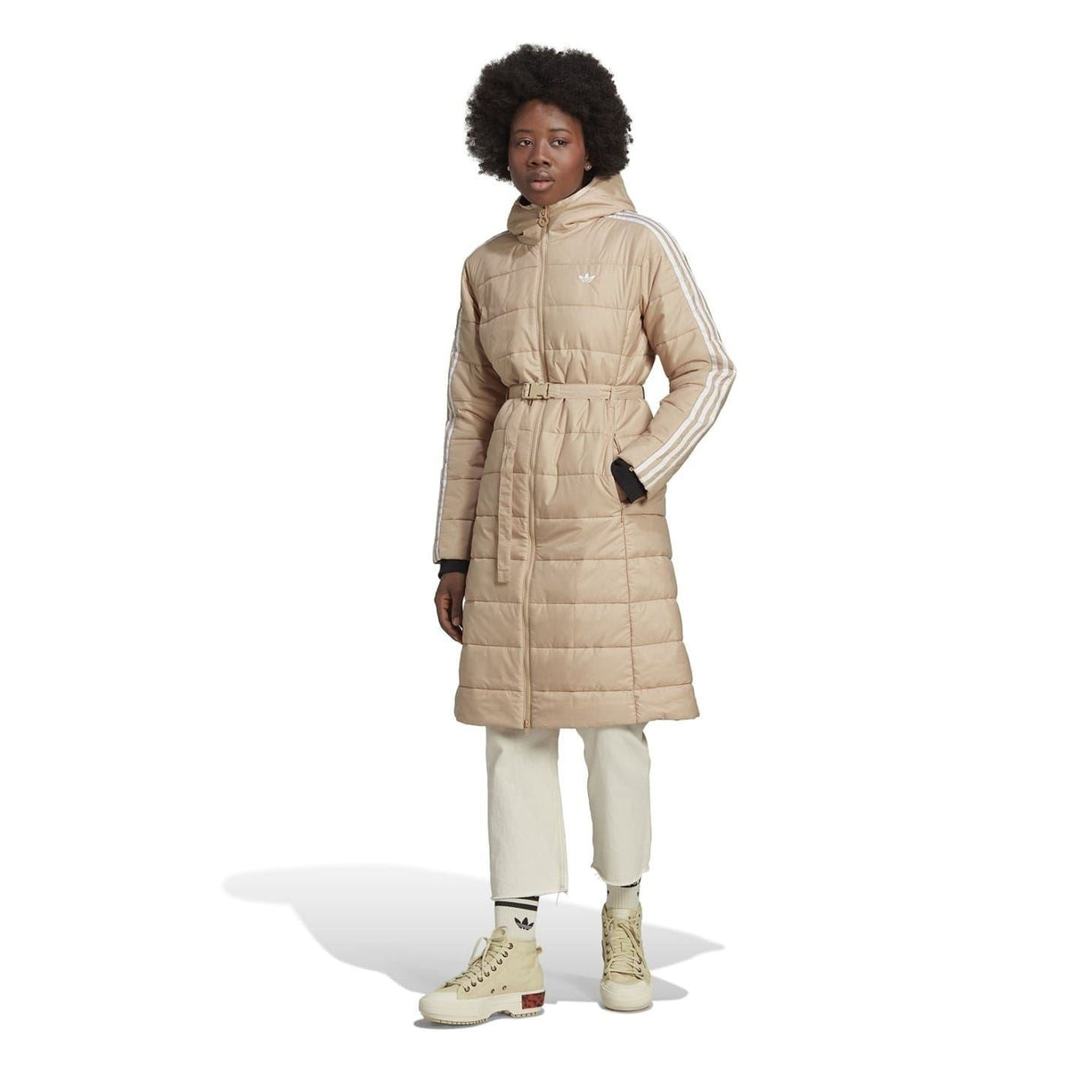 adidas Originals beige hooded puffer jacket with side stripes and waist tie