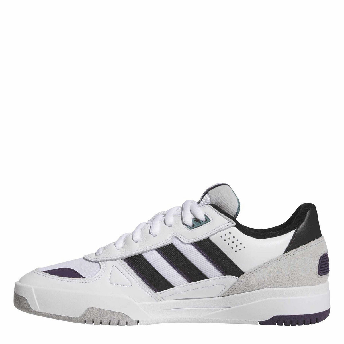 White trainers with black three-bar stripes and lace-up front