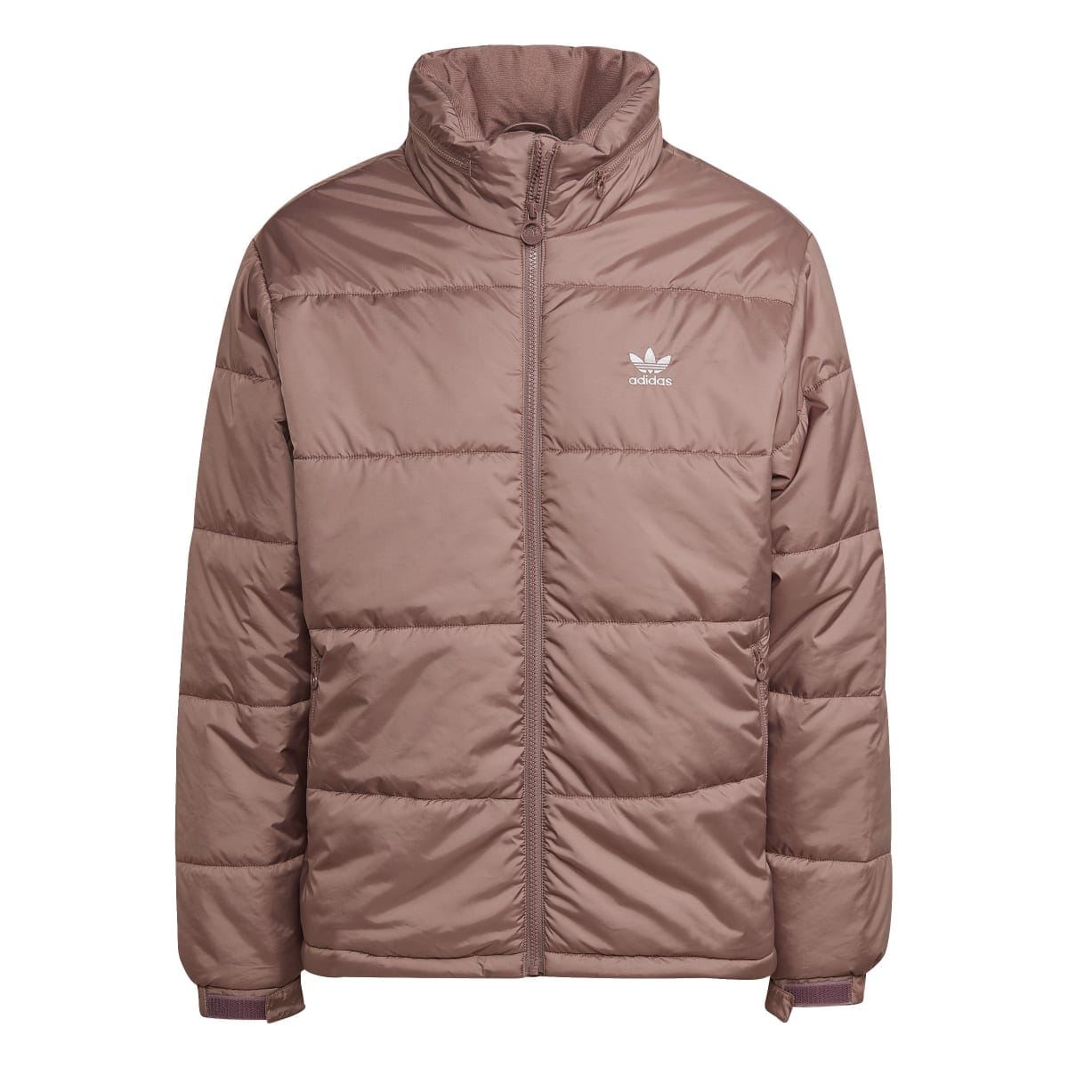 Burgundy padded puffer jacket with hood, full-zip front, and chest logo