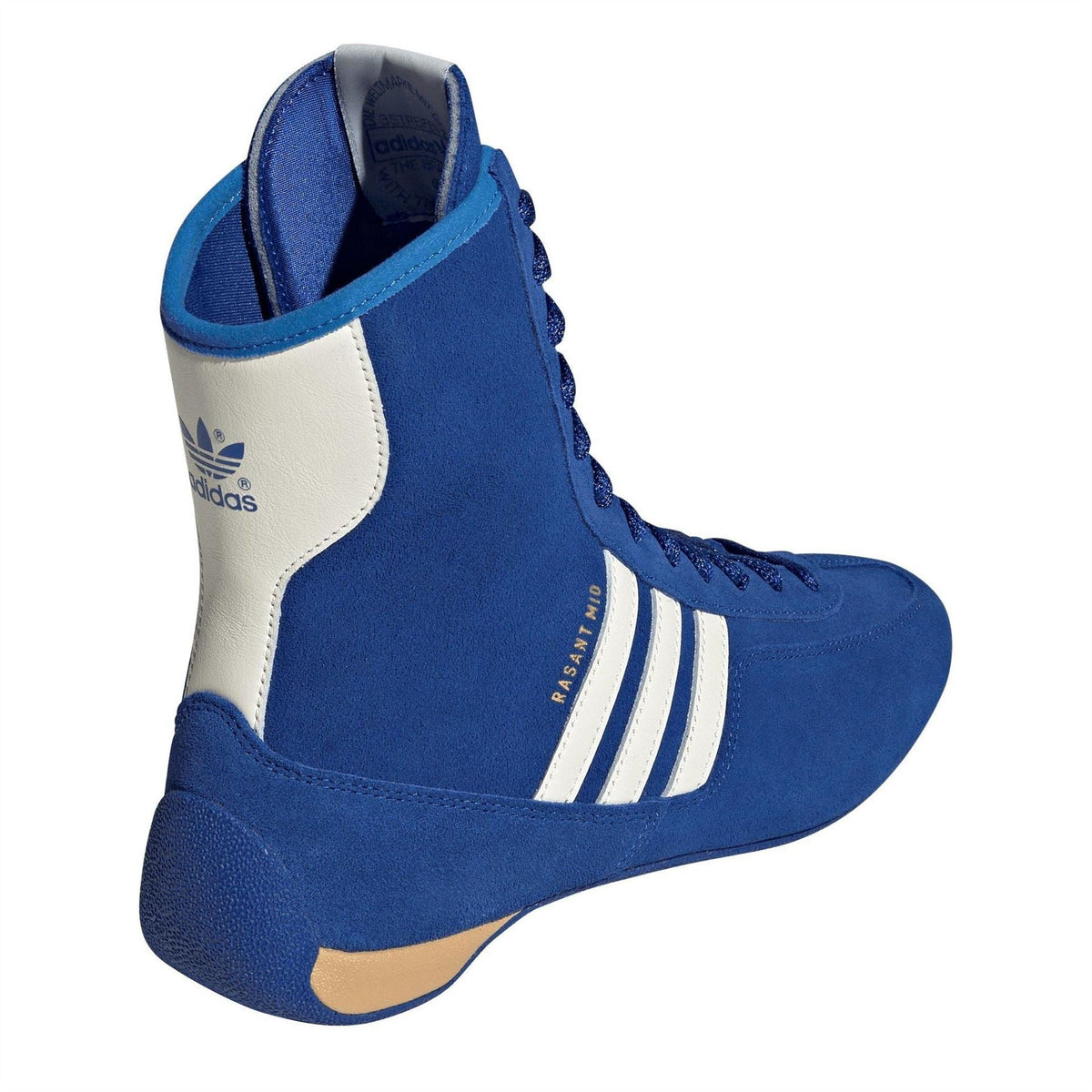 Blue and white mid-top sneaker heel detail with lace-up front, tan outsole edge