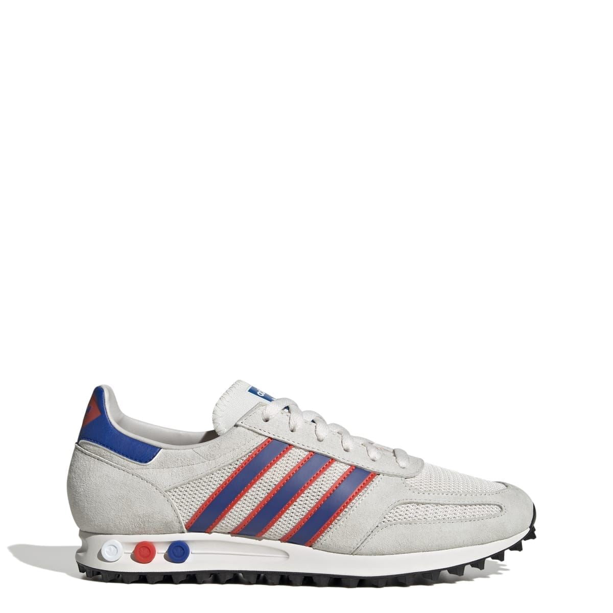 Men's adidas Originals LA trainer, side profile with blue heel and red stripe accents