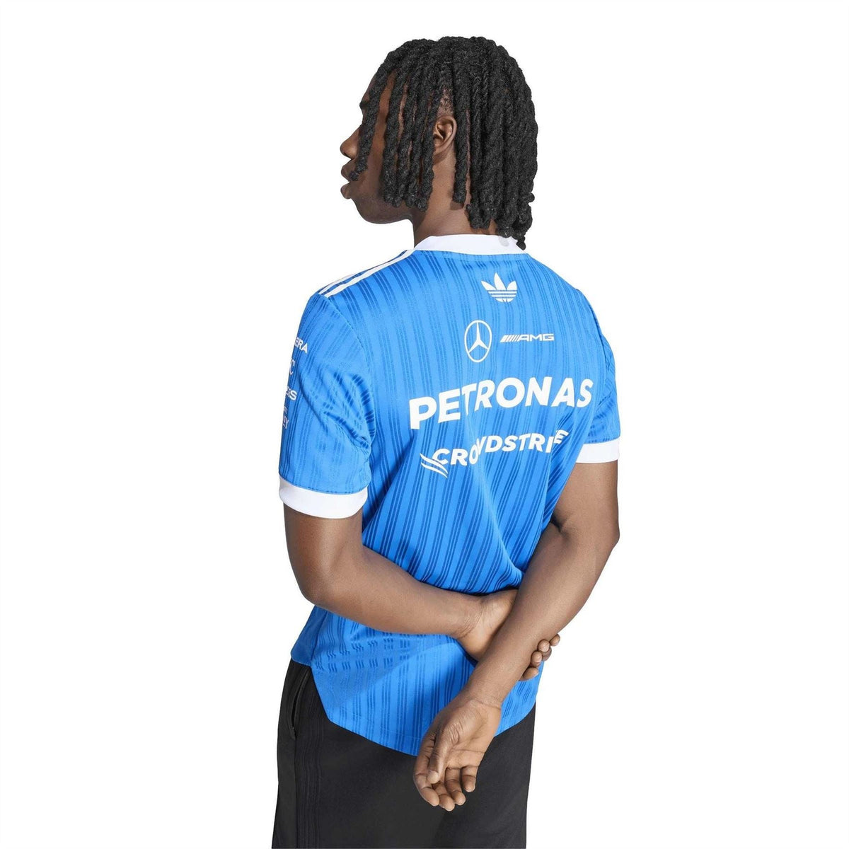 Blue graphic jersey T-shirt with white-trim collar and large back PETRONAS print