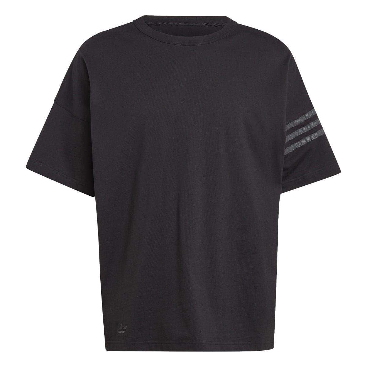 Black crew-neck T-shirt with striped sleeve graphic on right arm