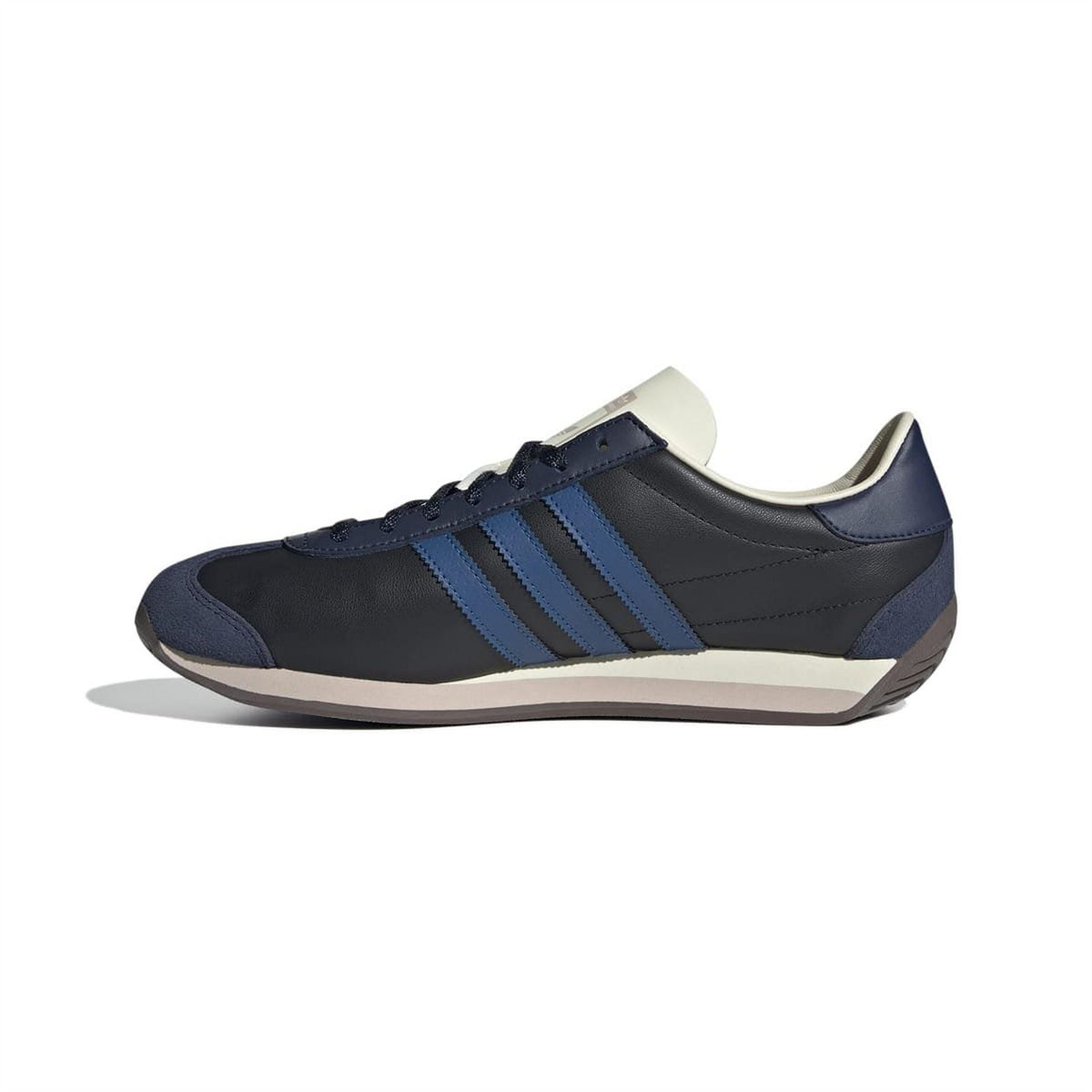 Low-top sneakers with dark navy upper, blue stripes, and cream collar