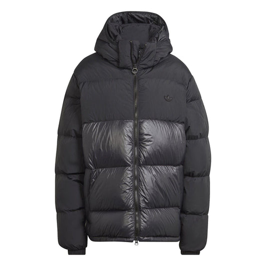 adidas Originals black down puffer jacket with attached hood, full zip, chest logo