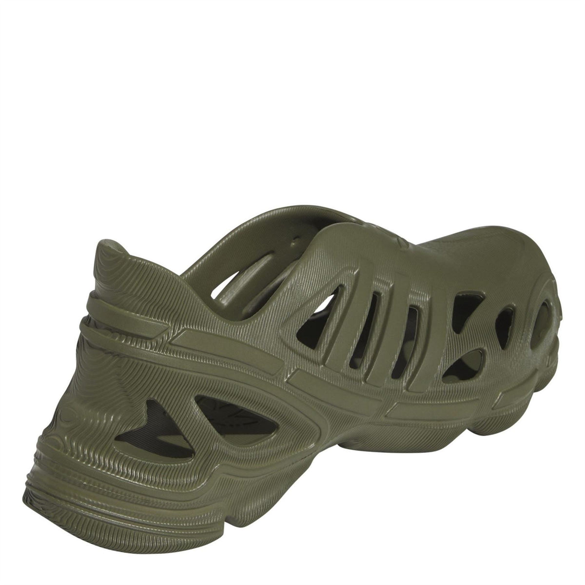 Olive slip-on running shoe with sculpted heel and ventilation cutouts