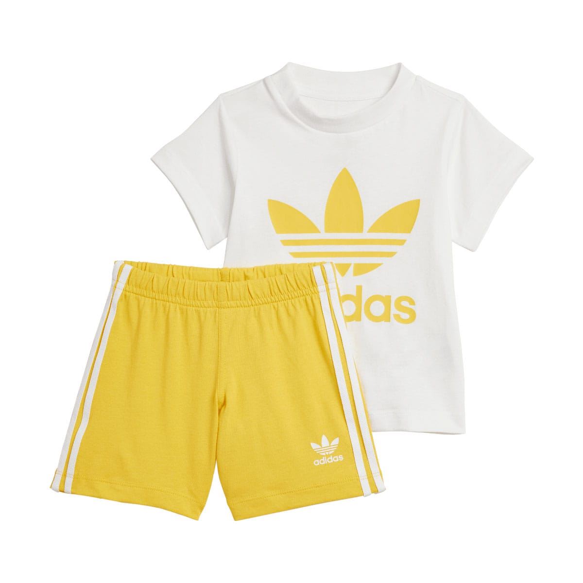 Infant t-shirt and shorts set, white tee with yellow adidas logo, gold shorts with side stripes