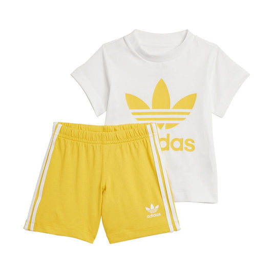 Infant t-shirt and shorts set, white tee with yellow adidas logo, gold shorts with side stripes