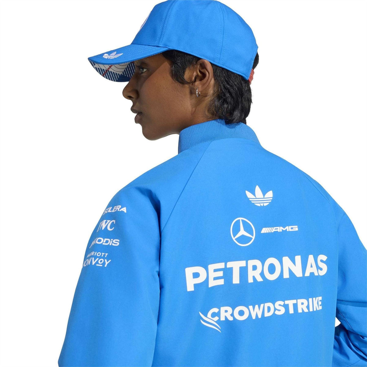 adidas Originals Mercedes blue track jacket back close-up, PETRONAS and CROWDSTRIKE print
