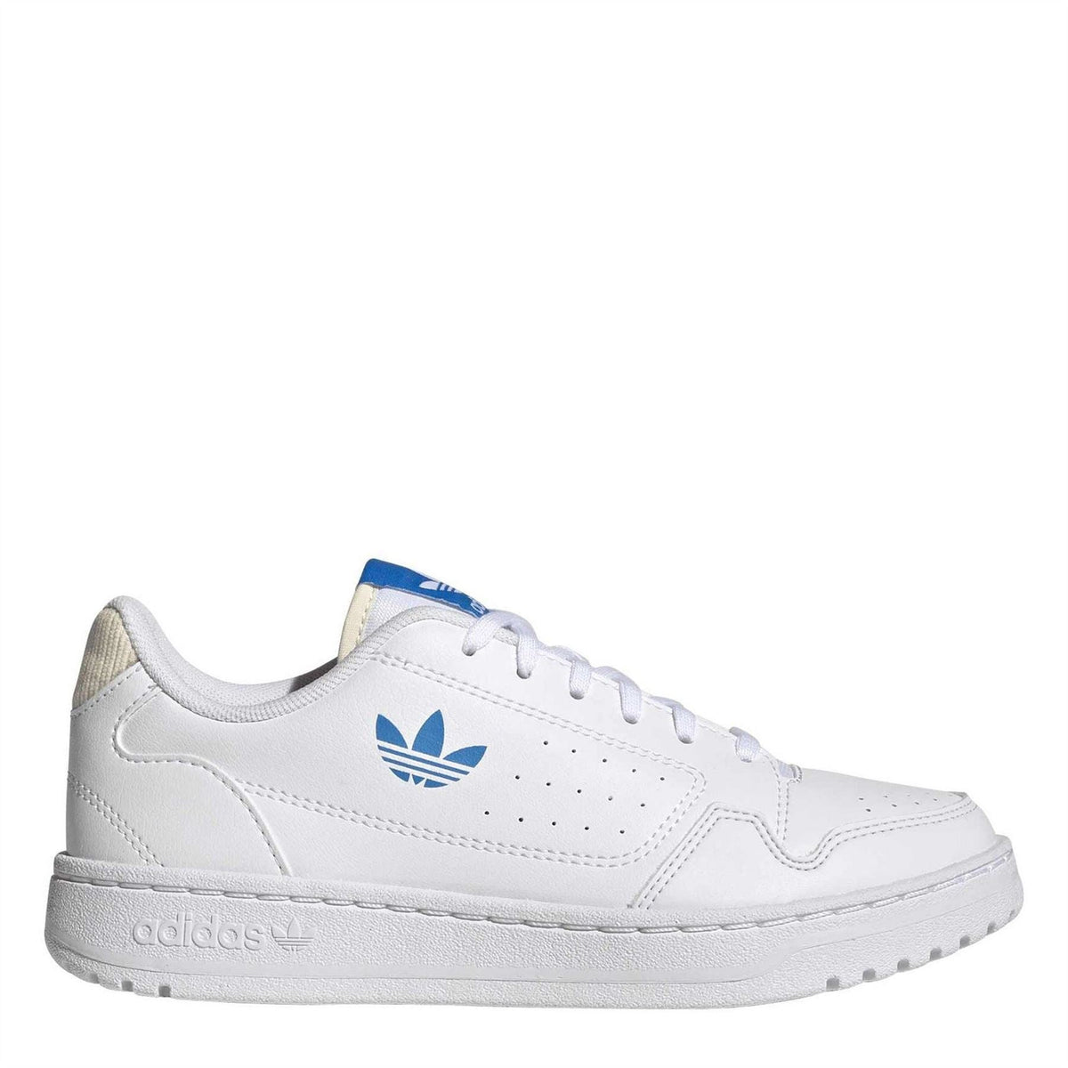 White lace-up sneakers with blue adidas Originals trefoil logo and perforated details