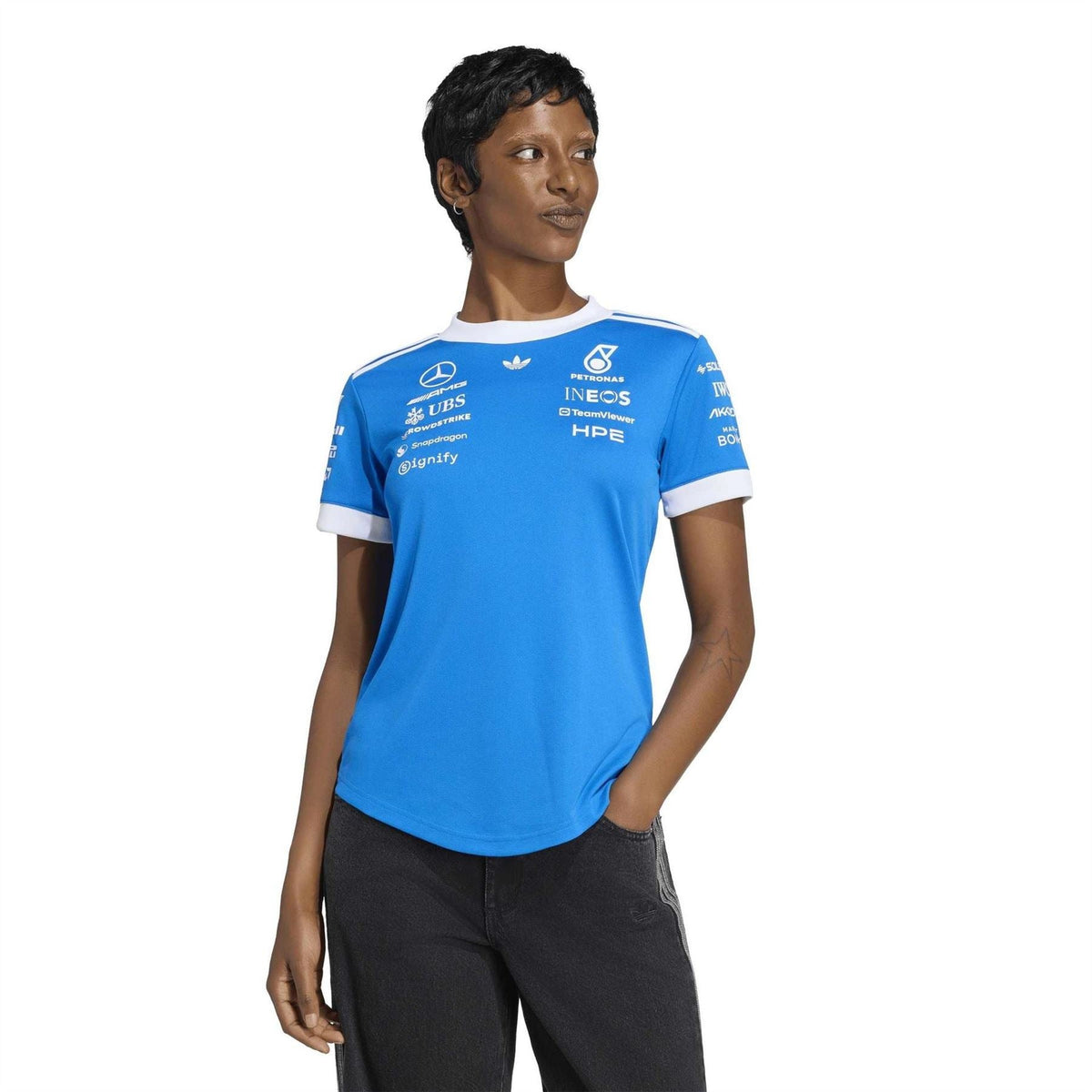 Blue crew-neck short-sleeve jersey with white collar trim and sponsor logos