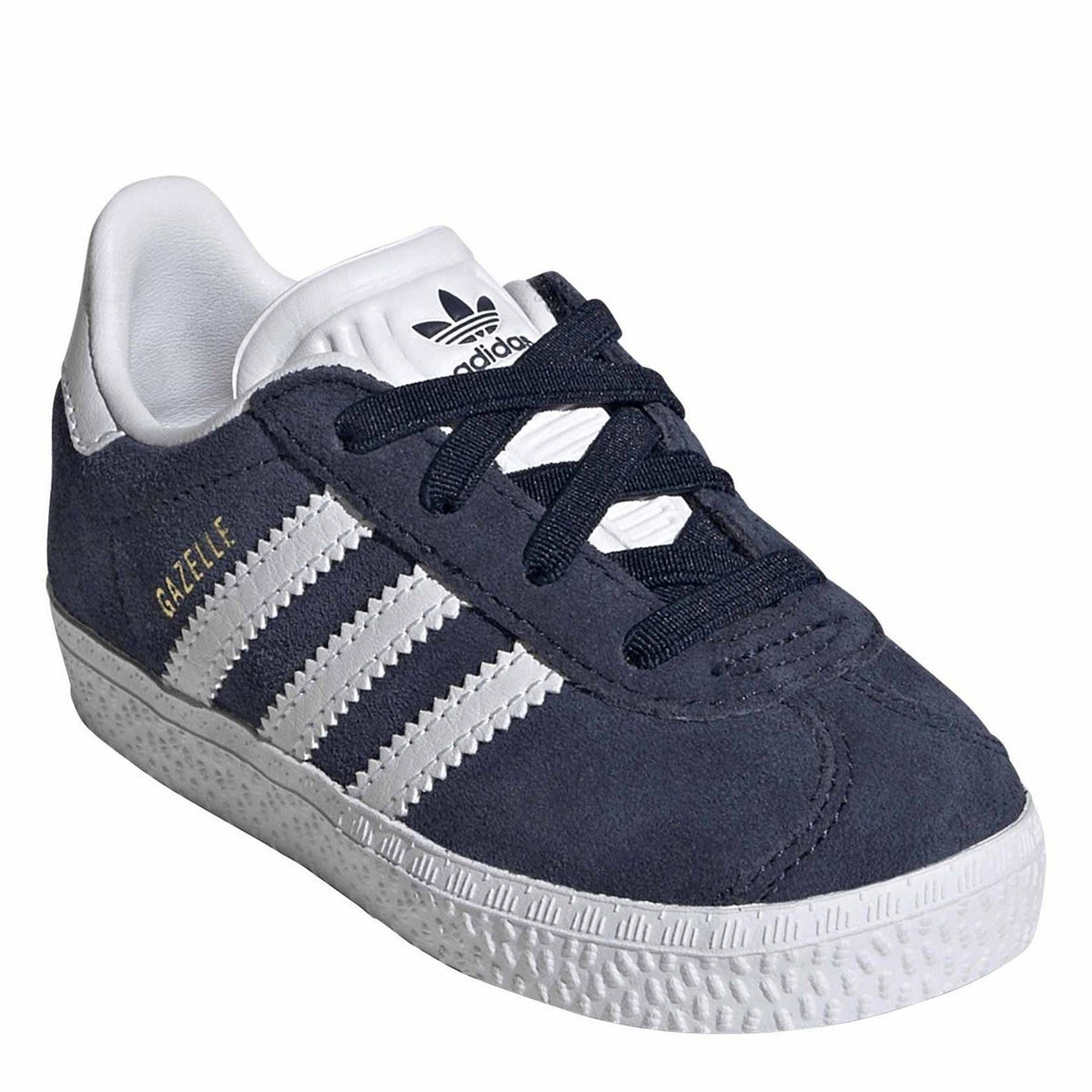 Navy infants Gazel sneakers, lace-up front with Gazelle branding and white stripes