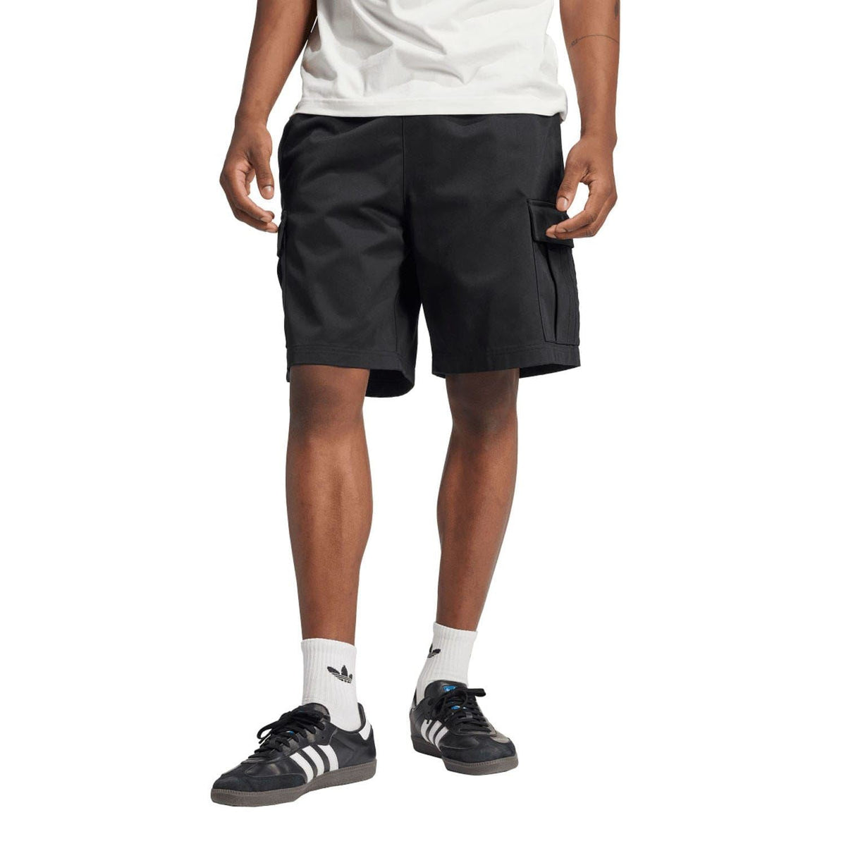 Black adidas Originals cargo shorts with elastic waistband and cargo pockets