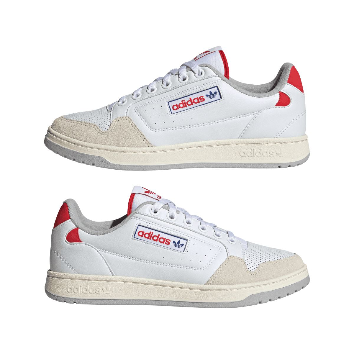 White adidas Originals NY 90 trainers pair view with red heel and off-white sole