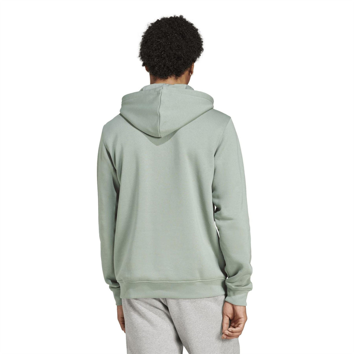 Light sage green adidas Originals Ess hooded sweatshirt, back view with hood