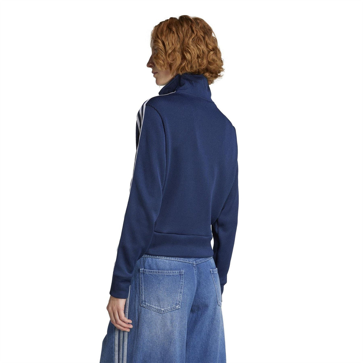 Women’s night indigo knit track jacket, full-zip back view, three white sleeve stripes
