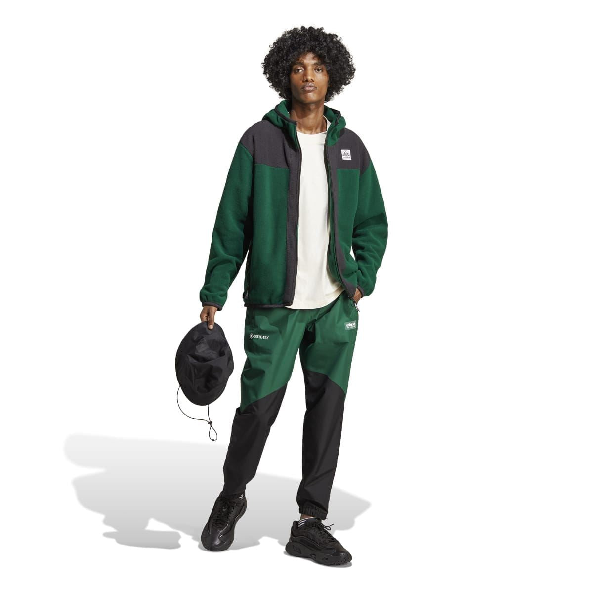 adidas zip hoodie with hood, green and charcoal color-block on model