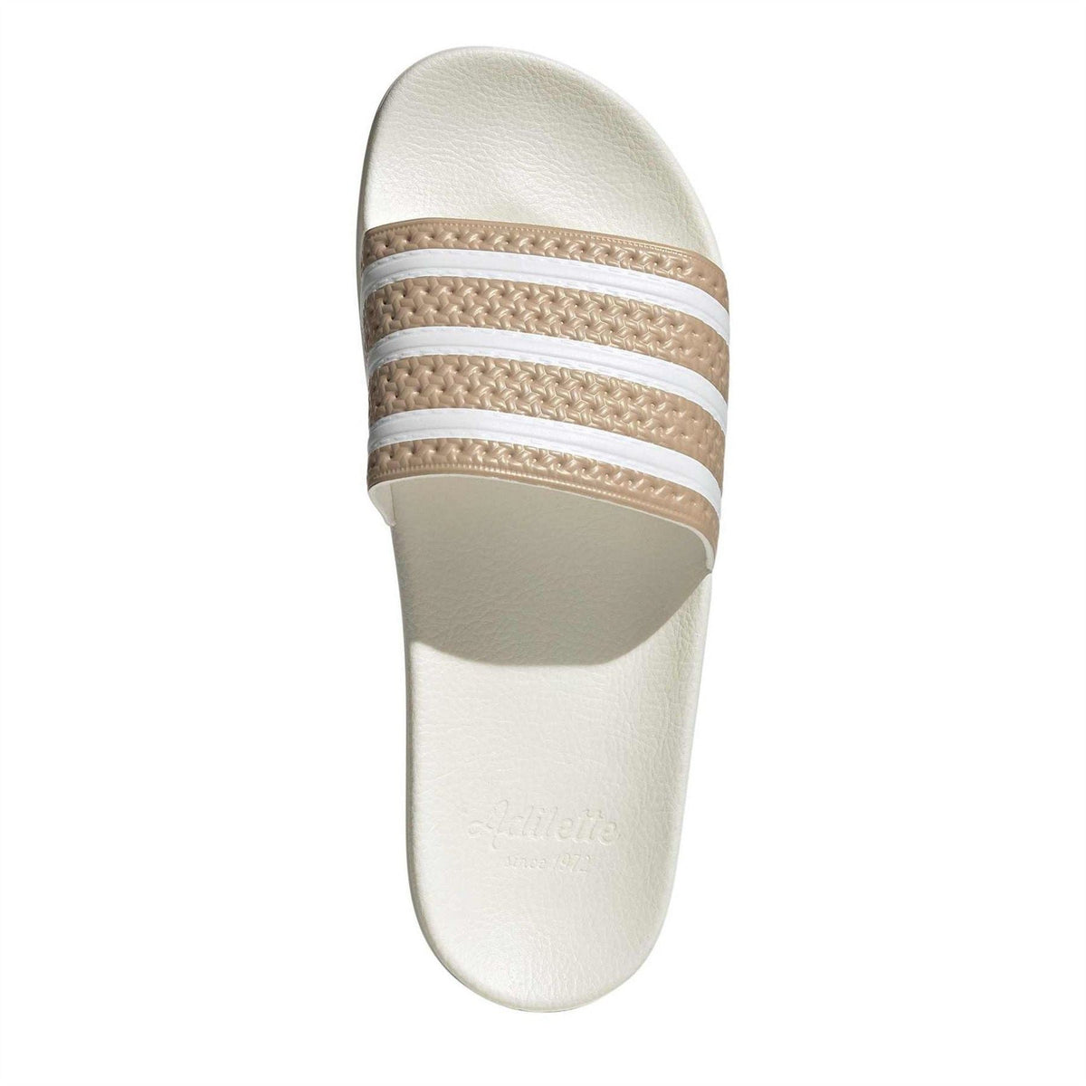 adidas Originals junior slide sandals, white footbed with beige strap and stripes