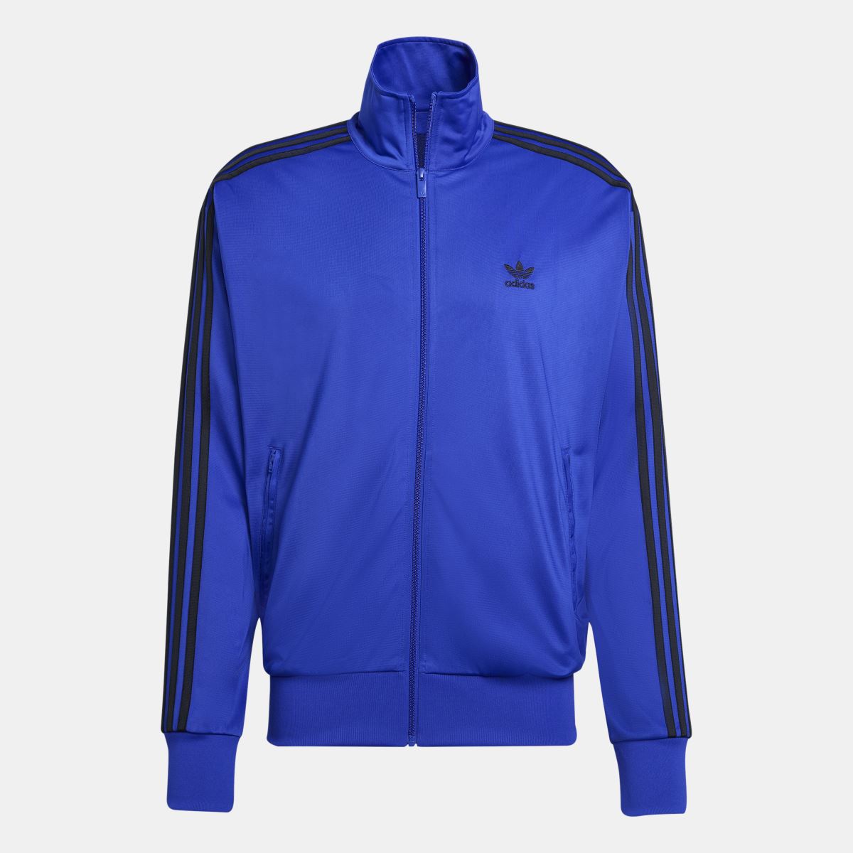 Blue adidas Firebird track jacket with full zip, stand collar, and black side stripes