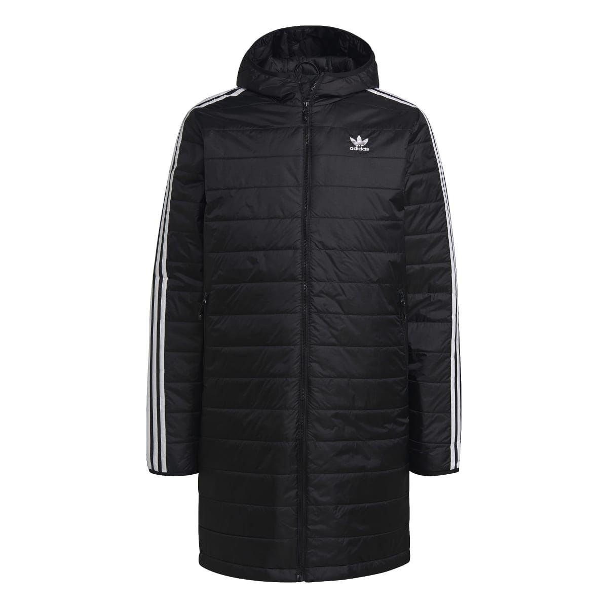 Black hooded padded coat with full-length zipper and white 3-stripe sleeve detailing.