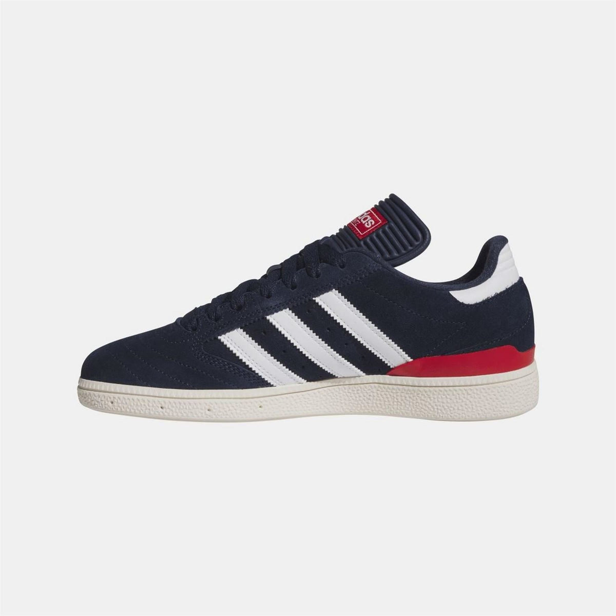 Navy adidas Originals low-top sneaker with white three stripes and red midsole stripe