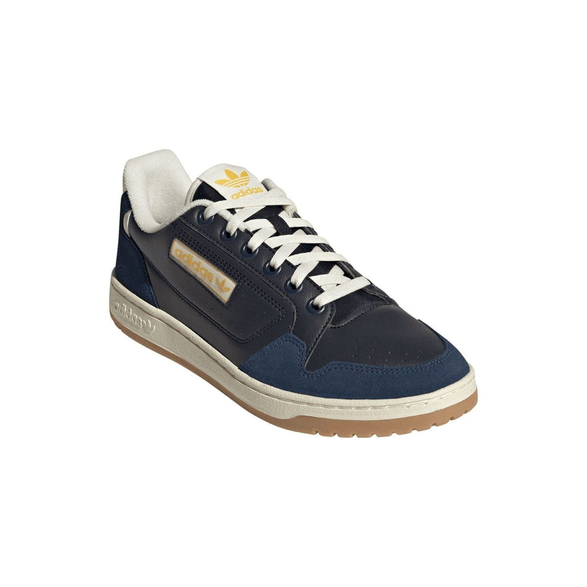 Navy sneakers with white laces, off-white collar lining, and yellow adidas patch