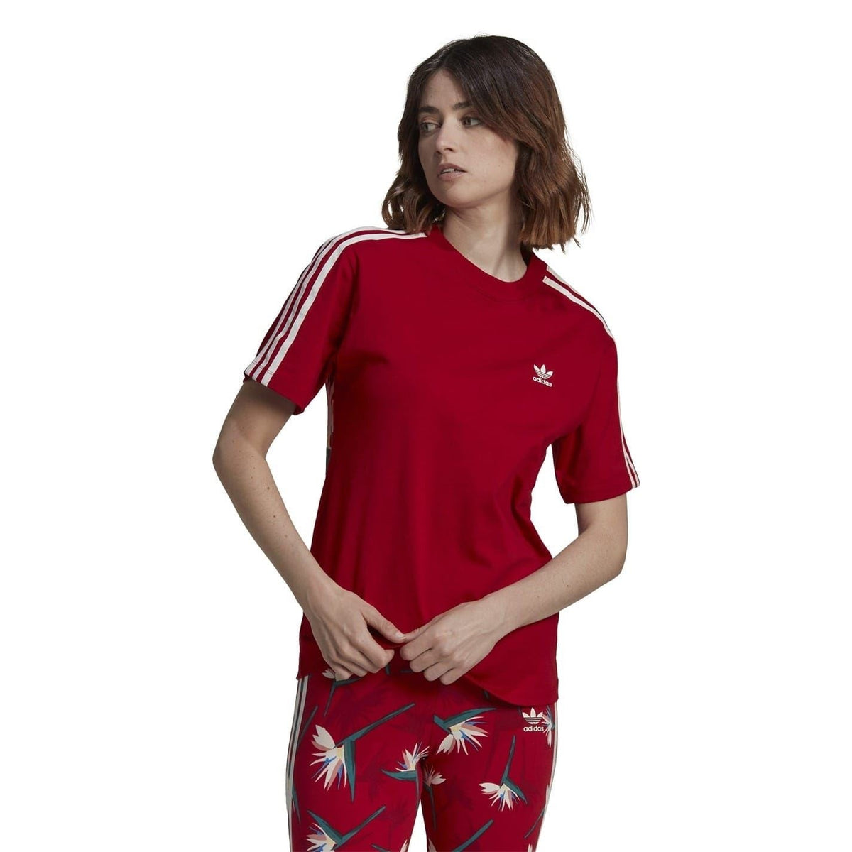adidas Originals women's X Thebe Magugu T-shirt, casual top with graphic design, beige color, short sleeves, and logo detail.