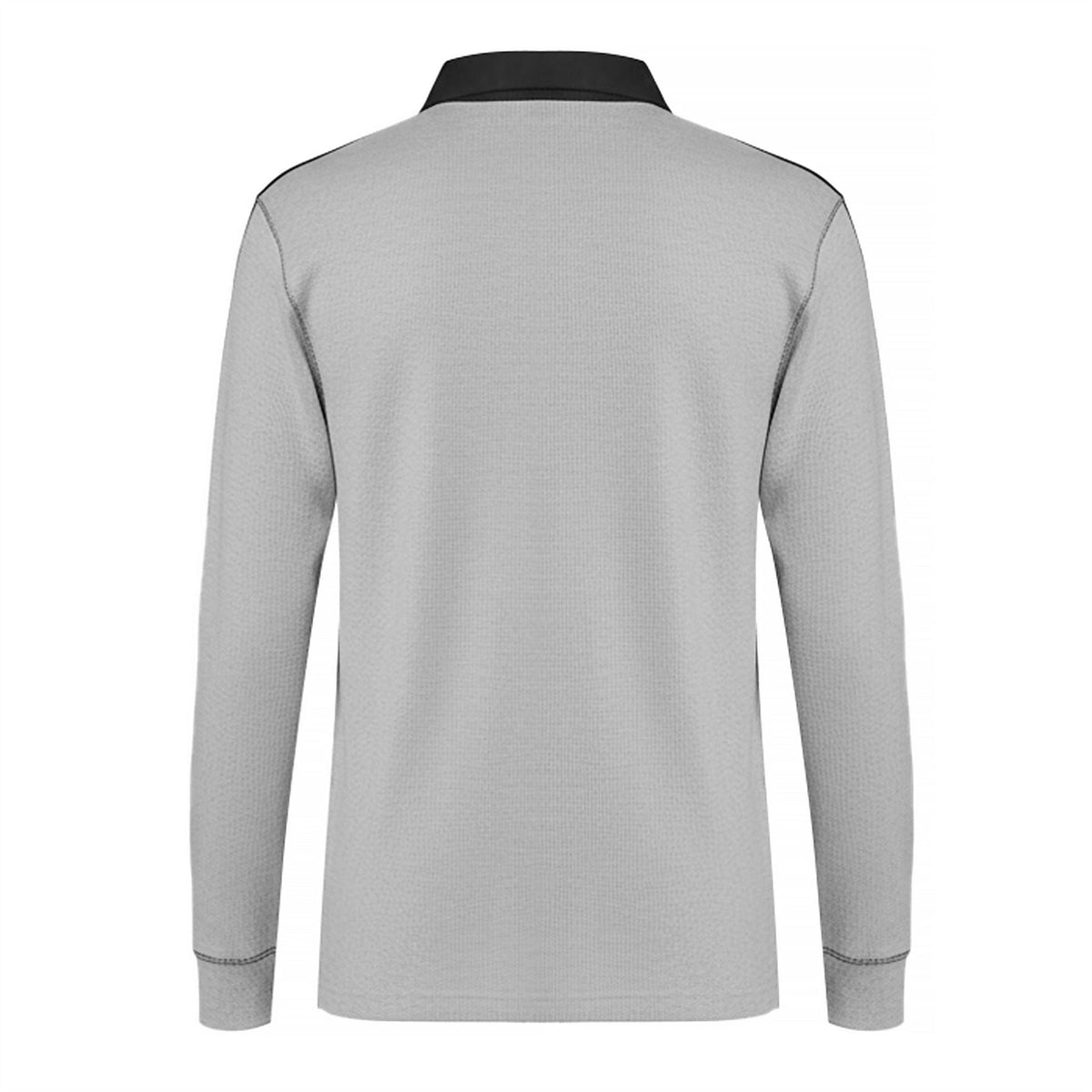Grey rugby polo shirt with black collar and three-stripe sleeves, back view.